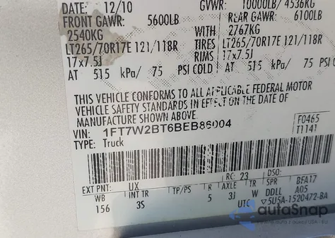 2011 Ford F-250 Xlt from USA, damaged, VIN 1FT7W2BT6BEB86004